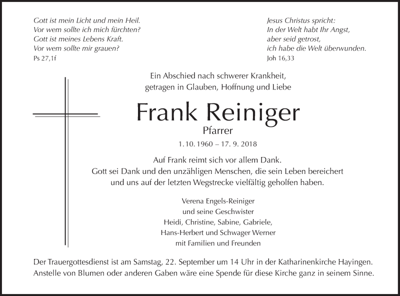  Traueranzeige für Frank Reiniger vom 20.09.2018 aus Alb-Bote/Metzinger-Uracher Volksblatt