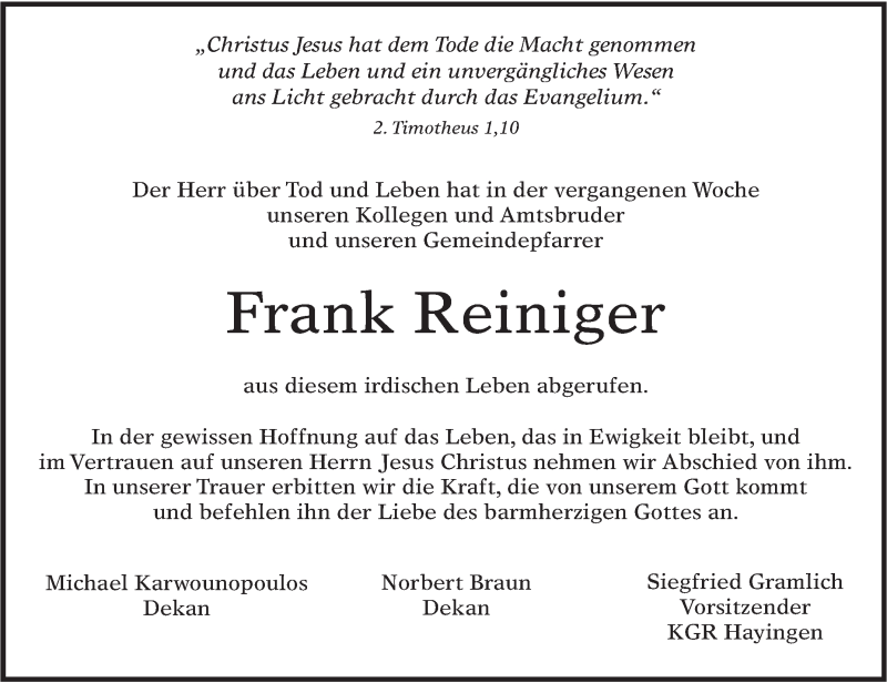  Traueranzeige für Frank Reiniger vom 22.09.2018 aus Alb-Bote/Metzinger-Uracher Volksblatt