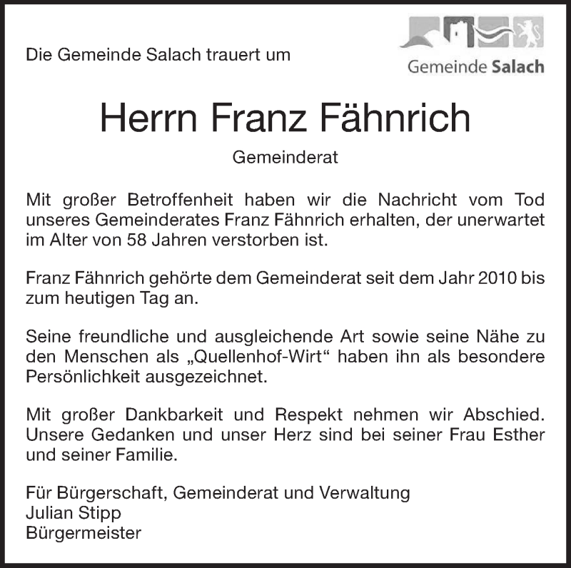  Traueranzeige für Franz Fähnrich vom 07.09.2018 aus NWZ Neue Württembergische Zeitung