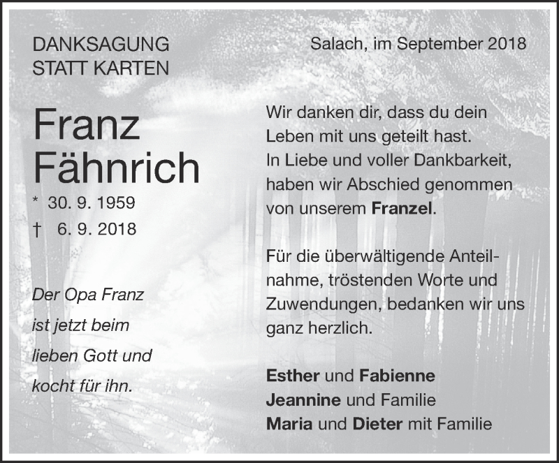  Traueranzeige für Franz Fähnrich vom 29.09.2018 aus NWZ Neue Württembergische Zeitung