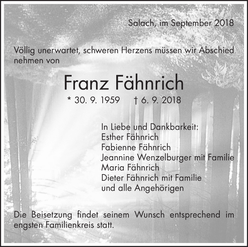  Traueranzeige für Franz Fähnrich vom 07.09.2018 aus NWZ Neue Württembergische Zeitung