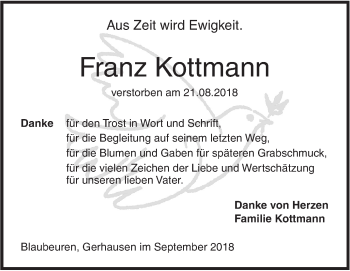 Traueranzeige von Franz Kottmann von SÜDWEST PRESSE