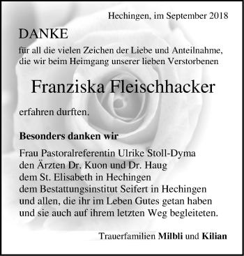 Traueranzeige von Franziska Fleischhacker von Hohenzollerische Zeitung