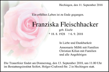 Traueranzeige von Franziska Fleischhacker von Hohenzollerische Zeitung