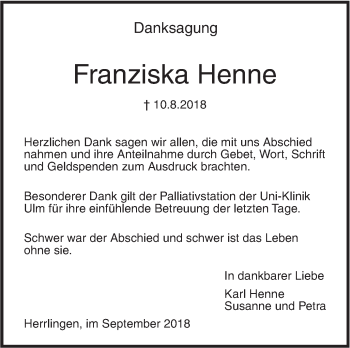 Traueranzeige von Franziska Henne von SÜDWEST PRESSE Ausgabe Ulm/Neu-Ulm