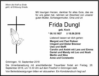 Traueranzeige von Frida Dungl von Hohenloher Tagblatt