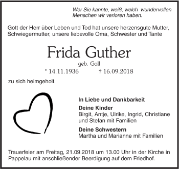 Traueranzeige von Frida Guther von SÜDWEST PRESSE Ausgabe Ulm/Neu-Ulm