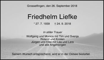 Traueranzeige von Friedhelm Liefke von Hohenzollerische Zeitung