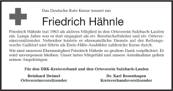 Traueranzeige von Friedrich Hähnle von Haller Tagblatt