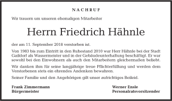 Traueranzeige von Friedrich Hähnle von Rundschau Gaildorf