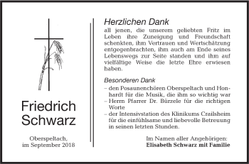 Traueranzeige von Friedrich Schwarz von Hohenloher Tagblatt