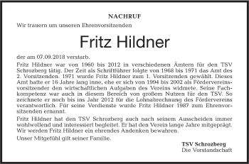 Traueranzeige von Fritz Hildner von Hohenloher Tagblatt