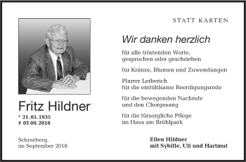 Traueranzeige von Fritz Hildner von Hohenloher Tagblatt