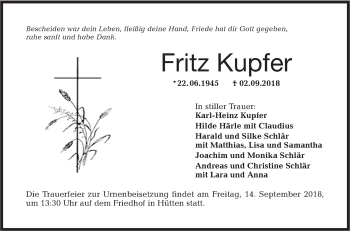 Traueranzeige von Fritz Kupfer von Haller Tagblatt