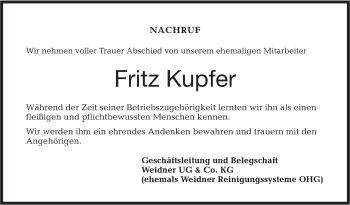 Traueranzeige von Fritz Kupfer von Haller Tagblatt