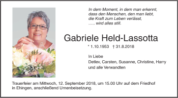 Traueranzeige von Gabriele Held-Lassotta von SÜDWEST PRESSE Ausgabe Ulm/Neu-Ulm