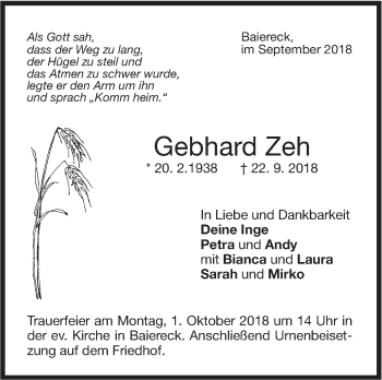 Traueranzeige von Gebhard Zeh von NWZ Neue Württembergische Zeitung