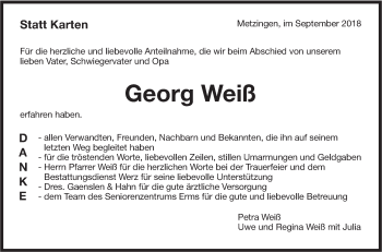 Traueranzeige von Georg Weiß von Metzinger-Uracher Volksblatt