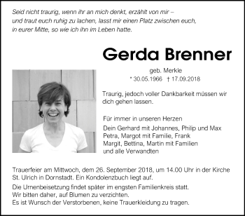 Traueranzeige von Gerda Brenner von SÜDWEST PRESSE Ausgabe Ulm/Neu-Ulm