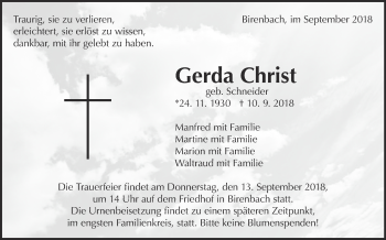 Traueranzeige von Gerda Christ von NWZ Neue Württembergische Zeitung