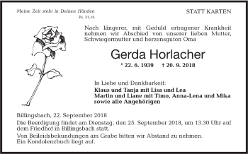 Traueranzeige von Gerda Horlacher von Hohenloher Tagblatt