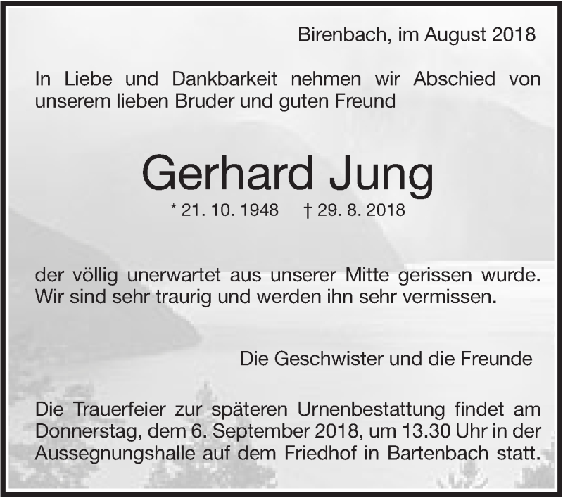  Traueranzeige für Gerhard Jung vom 05.09.2018 aus NWZ Neue Württembergische Zeitung