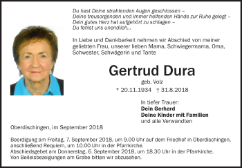 Traueranzeige von Gertrud Dura von SÜDWEST PRESSE Ausgabe Ulm/Neu-Ulm