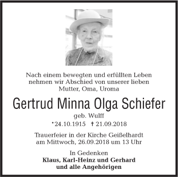 Traueranzeige von Gertrud Minna Olga Schiefer von Haller Tagblatt