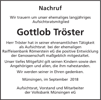 Traueranzeige von Gottlob Tröster von Alb-Bote/Metzinger-Uracher Volksblatt