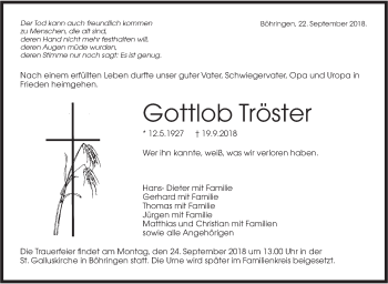 Traueranzeige von Gottlob Tröster von Metzinger-Uracher Volksblatt