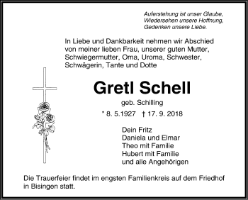 Traueranzeige von Gretl Schell von Hohenzollerische Zeitung