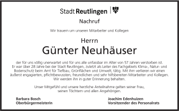 Traueranzeige von Günter Neuhäuser von Metzinger-Uracher Volksblatt