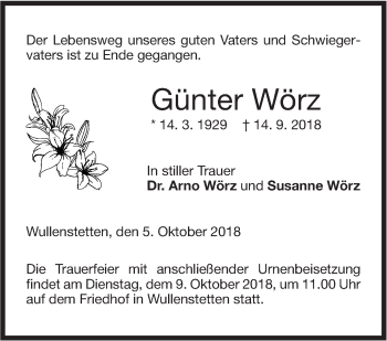 Traueranzeige von Günter Wörz von SÜDWEST PRESSE Ausgabe Ulm/Neu-Ulm