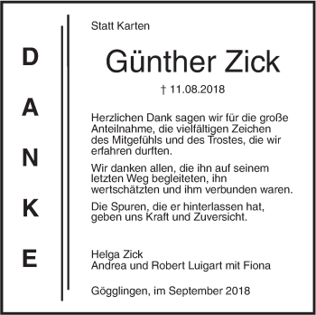 Traueranzeige von Günther Zick von SÜDWEST PRESSE Ausgabe Ulm/Neu-Ulm