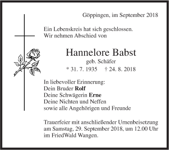 Traueranzeige von Hannelore Babst von NWZ Neue Württembergische Zeitung