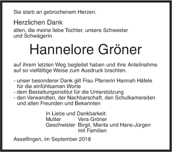 Traueranzeige von Hannelore Gröner von SÜDWEST PRESSE Ausgabe Ulm/Neu-Ulm