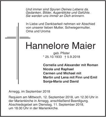 Traueranzeige von Hannelore Maier von SÜDWEST PRESSE Ausgabe Ulm/Neu-Ulm