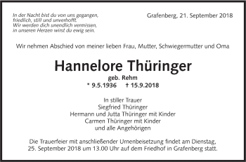 Traueranzeige von Hannelore Thüringer von Metzinger-Uracher Volksblatt