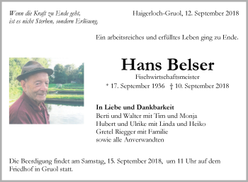 Traueranzeige von Hans Belser von Hohenzollerische Zeitung