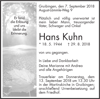 Traueranzeige von Hans Kuhn von Geislinger Zeitung