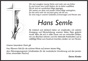 Traueranzeige von Hans Semle von Geislinger Zeitung