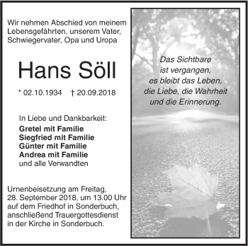 Traueranzeige von Hans Söll von SÜDWEST PRESSE Ausgabe Ulm/Neu-Ulm