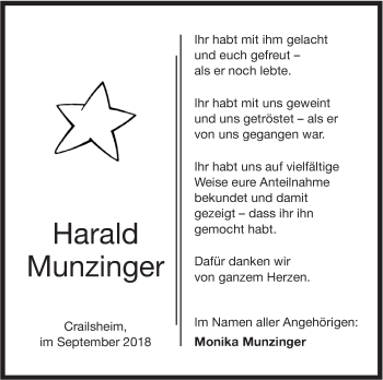 Traueranzeige von Harald Munzinger von Hohenloher Tagblatt