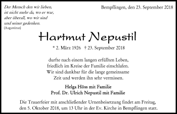 Traueranzeige von Hartmut Nepustil von Metzinger-Uracher Volksblatt