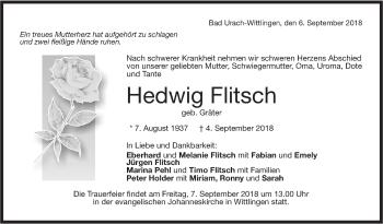 Traueranzeige von Hedwig Flitsch von Metzinger-Uracher Volksblatt