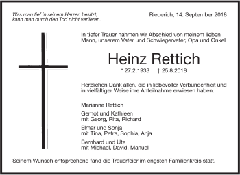 Traueranzeige von Heinz Rettich von Metzinger-Uracher Volksblatt