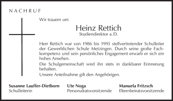 Traueranzeige von Heinz Rettich von Metzinger-Uracher Volksblatt