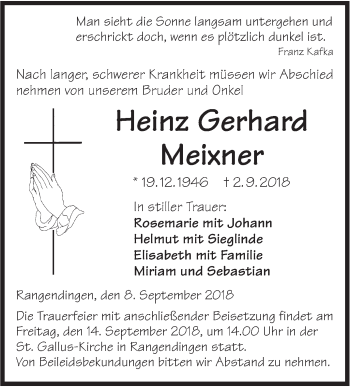 Traueranzeige von Heinz Gerhard Meixner von Hohenzollerische Zeitung