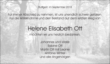 Traueranzeige von Helene Elisabeth Ott von Hohenzollerische Zeitung