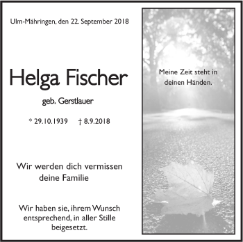 Traueranzeige von Helga Fischer von SÜDWEST PRESSE Ausgabe Ulm/Neu-Ulm